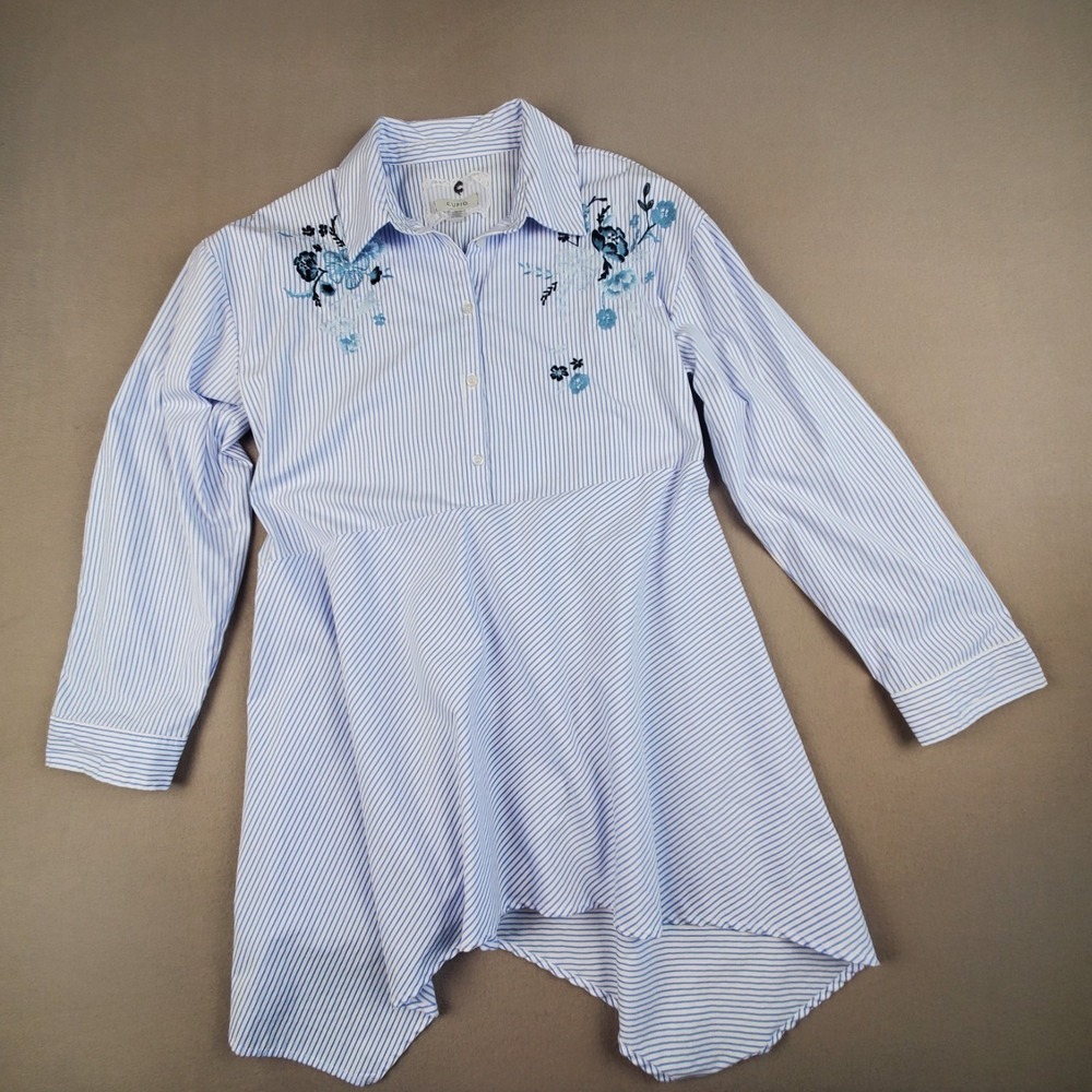 Women Cupio Size L Blue Pin Striped Collared Embroidered Tunic Top  Asymmetrical